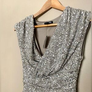 EXPRESS sleeveless silver sequin asymmetrical dress size XS party cocktail NWT